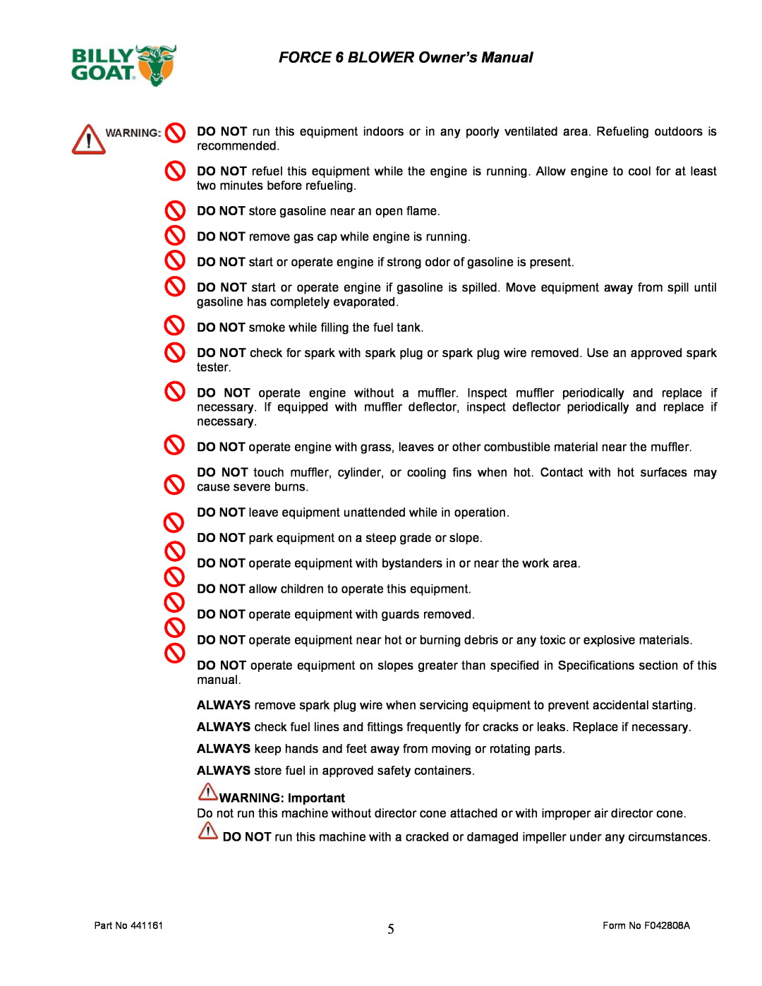 Billy Goat EX17D50012 owner manual WARNING Important 