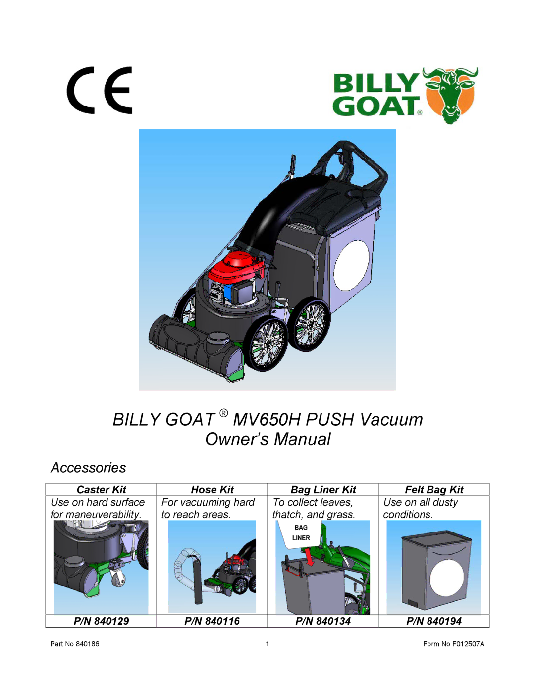 Billy Goat F012507A owner manual Billy Goat MV650H Push Vacuum 