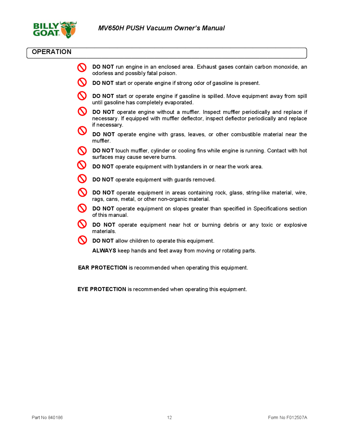 Billy Goat F012507A owner manual Operation 