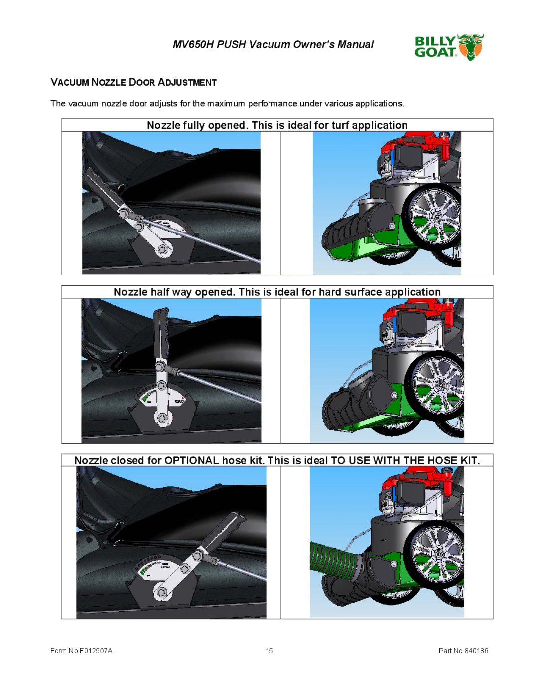 Billy Goat F012507A owner manual Vacuum Nozzle Door Adjustment 