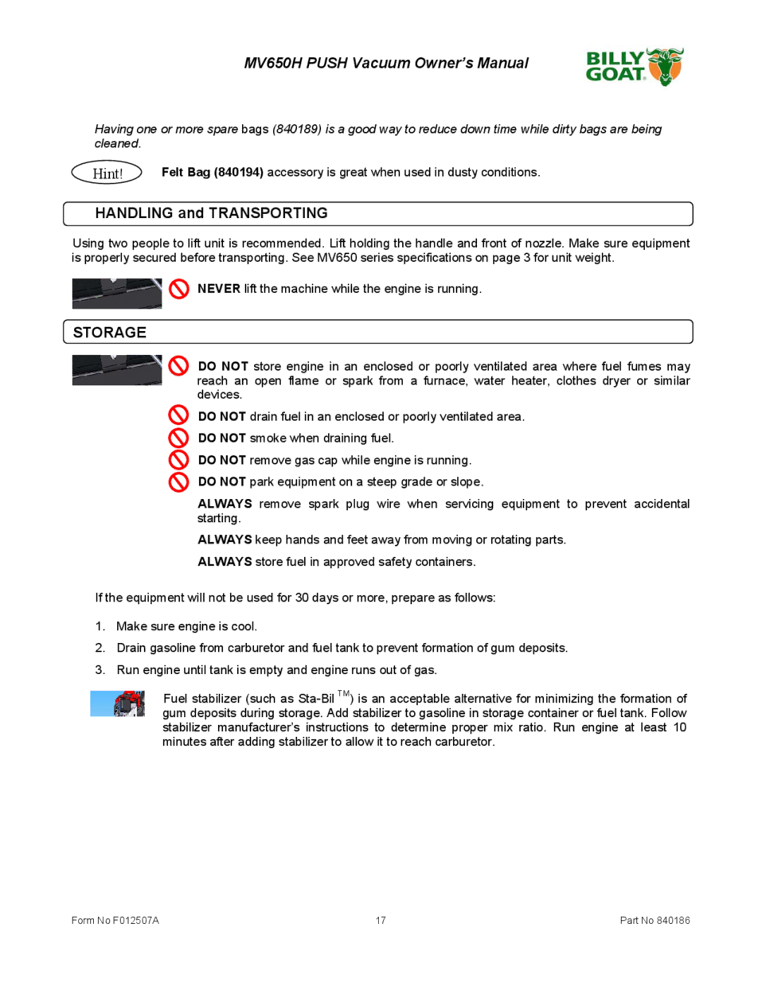 Billy Goat F012507A owner manual Handling and Transporting, Storage 