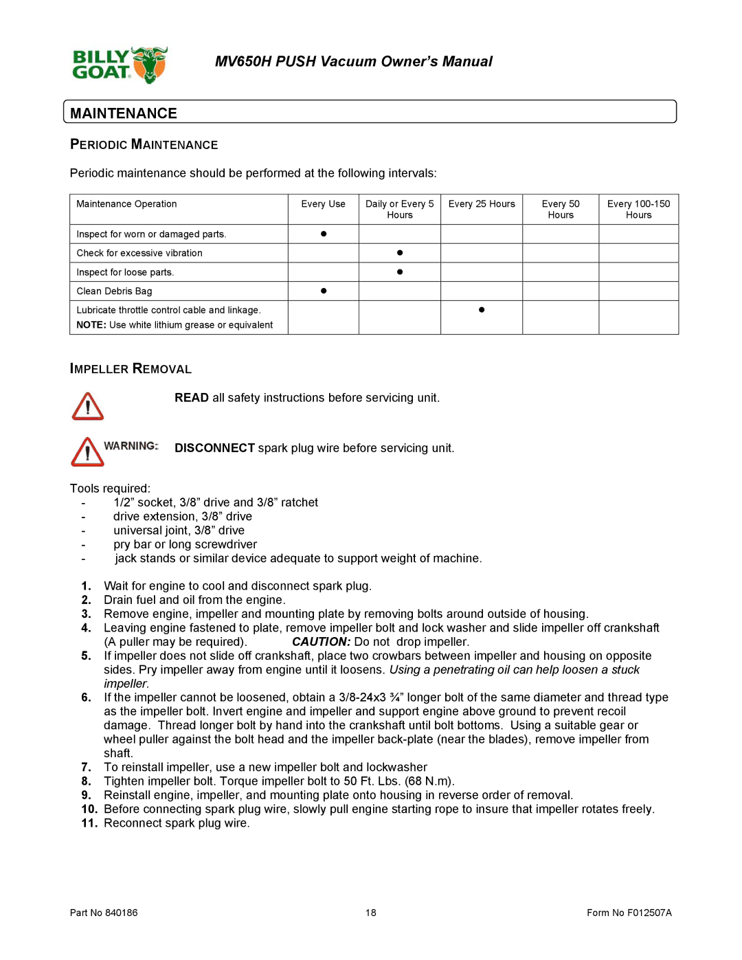 Billy Goat F012507A owner manual Periodic Maintenance, Impeller Removal 