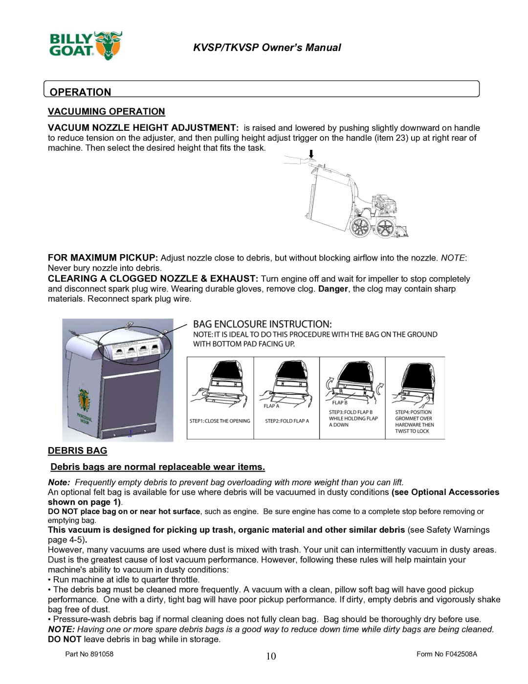 Billy Goat F042508A owner manual Vacuuming Operation, Debris BAG 