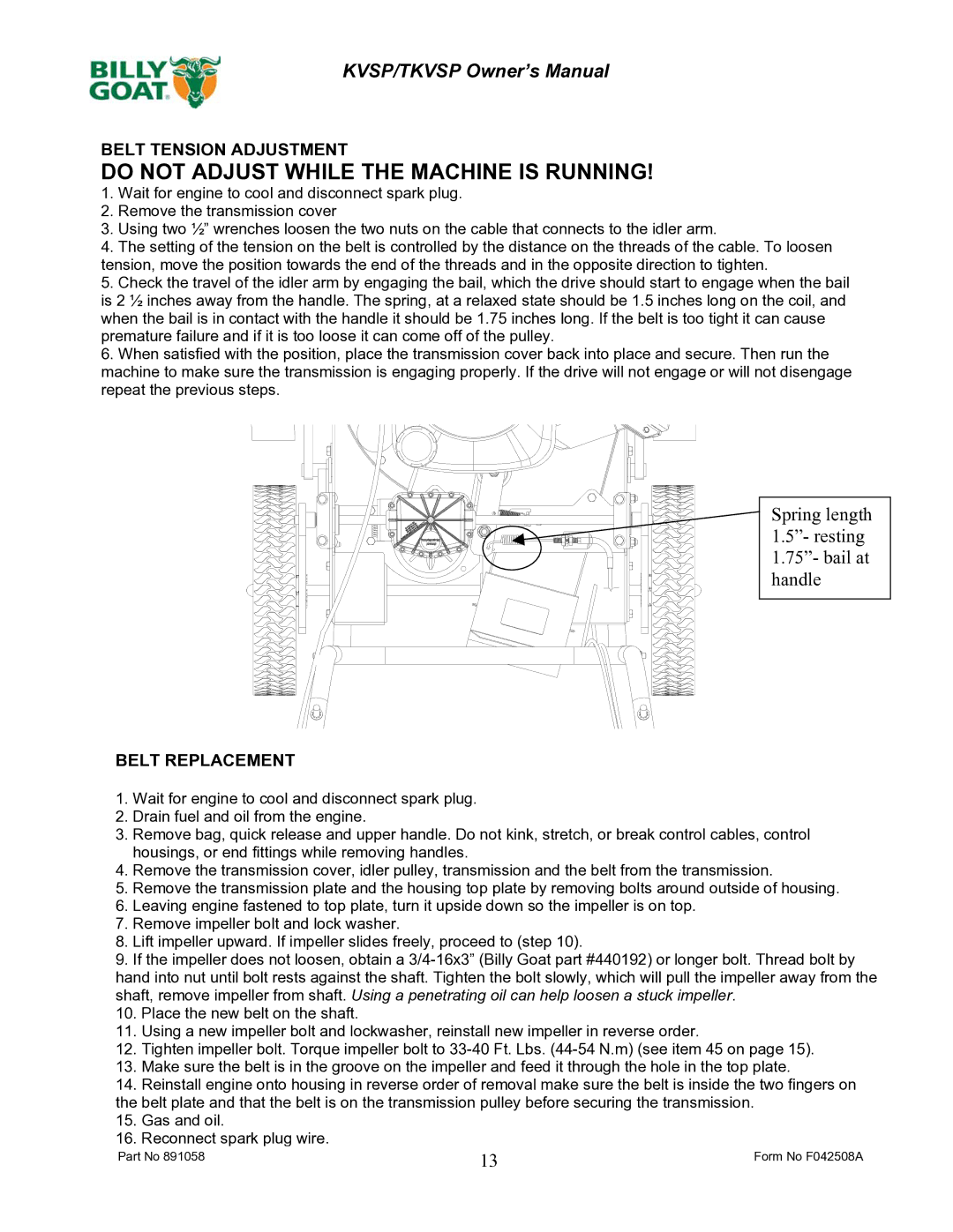 Billy Goat F042508A owner manual Belt Tension Adjustment, Belt Replacement 