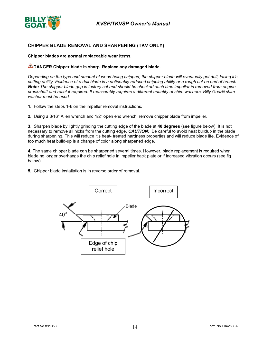 Billy Goat F042508A Chipper Blade Removal and Sharpening TKV only, Chipper blades are normal replaceable wear items 
