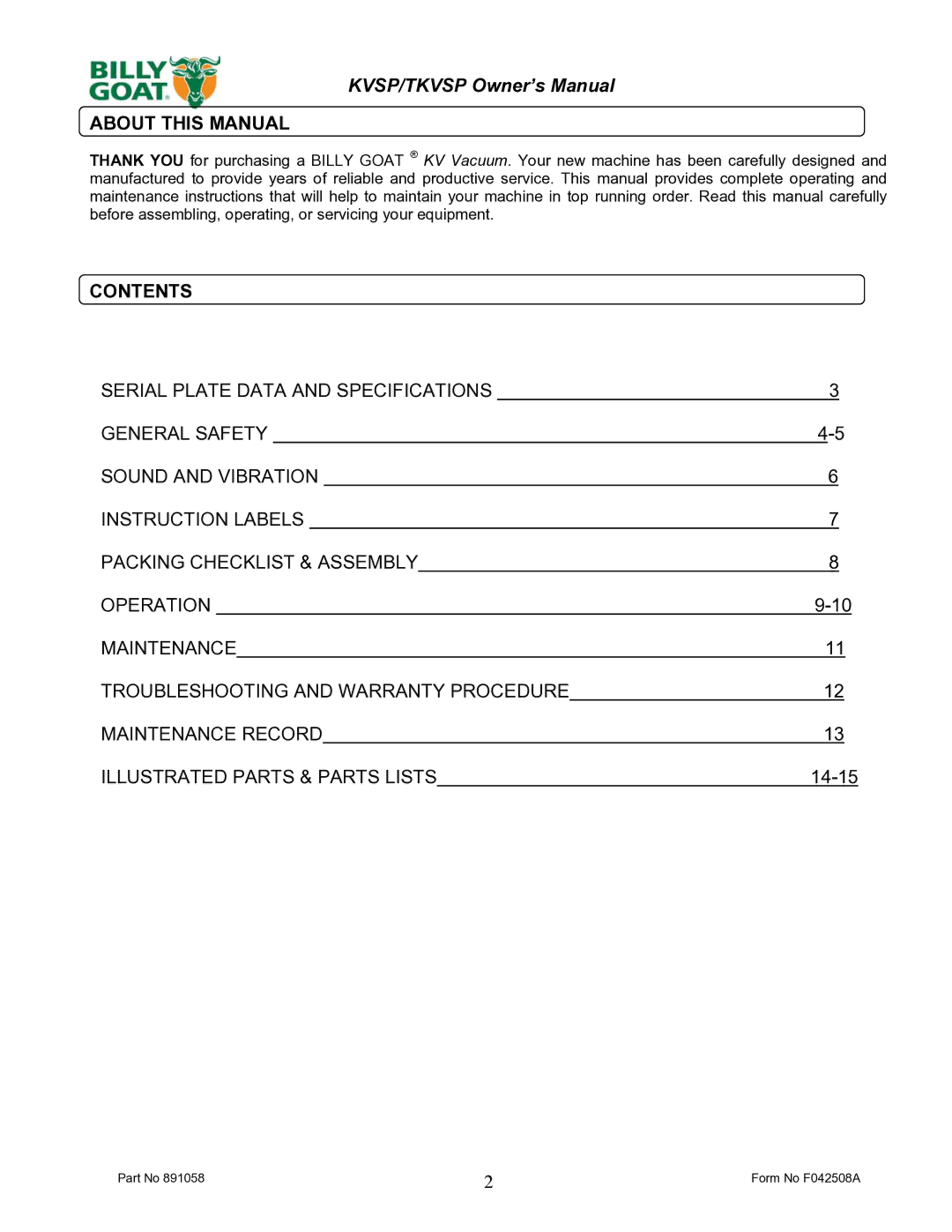 Billy Goat F042508A owner manual About this Manual, Contents 