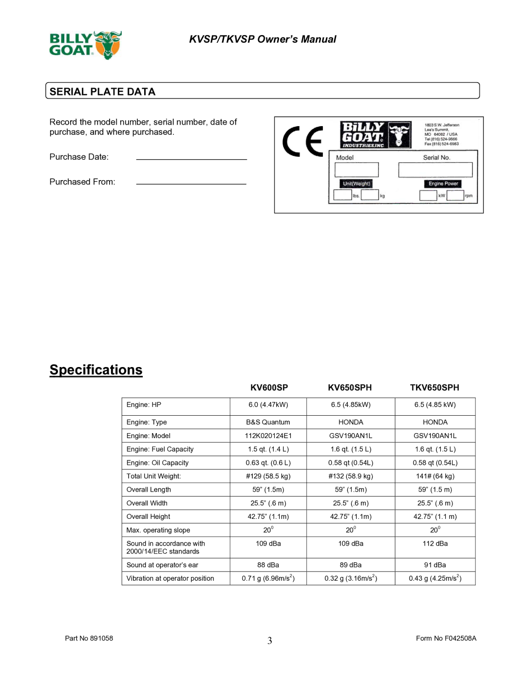 Billy Goat F042508A owner manual Specifications, Serial Plate Data 