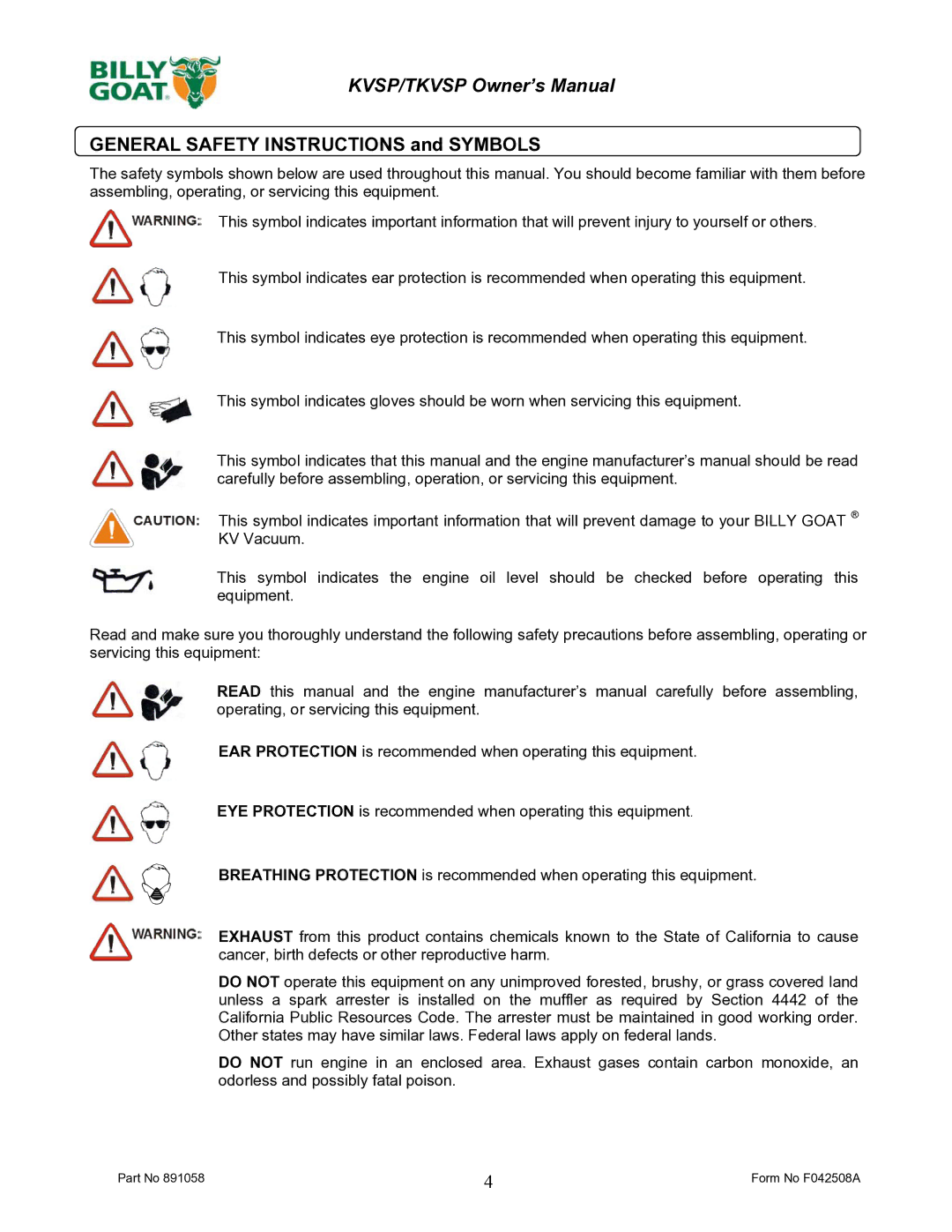 Billy Goat F042508A owner manual General Safety Instructions and Symbols 