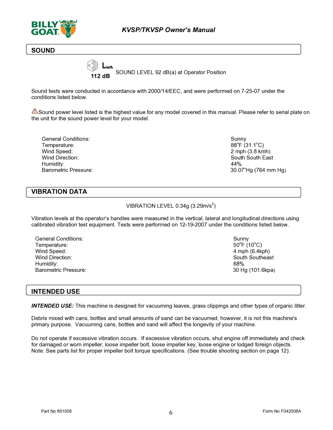 Billy Goat F042508A owner manual Sound, Vibration Data, Intended USE 