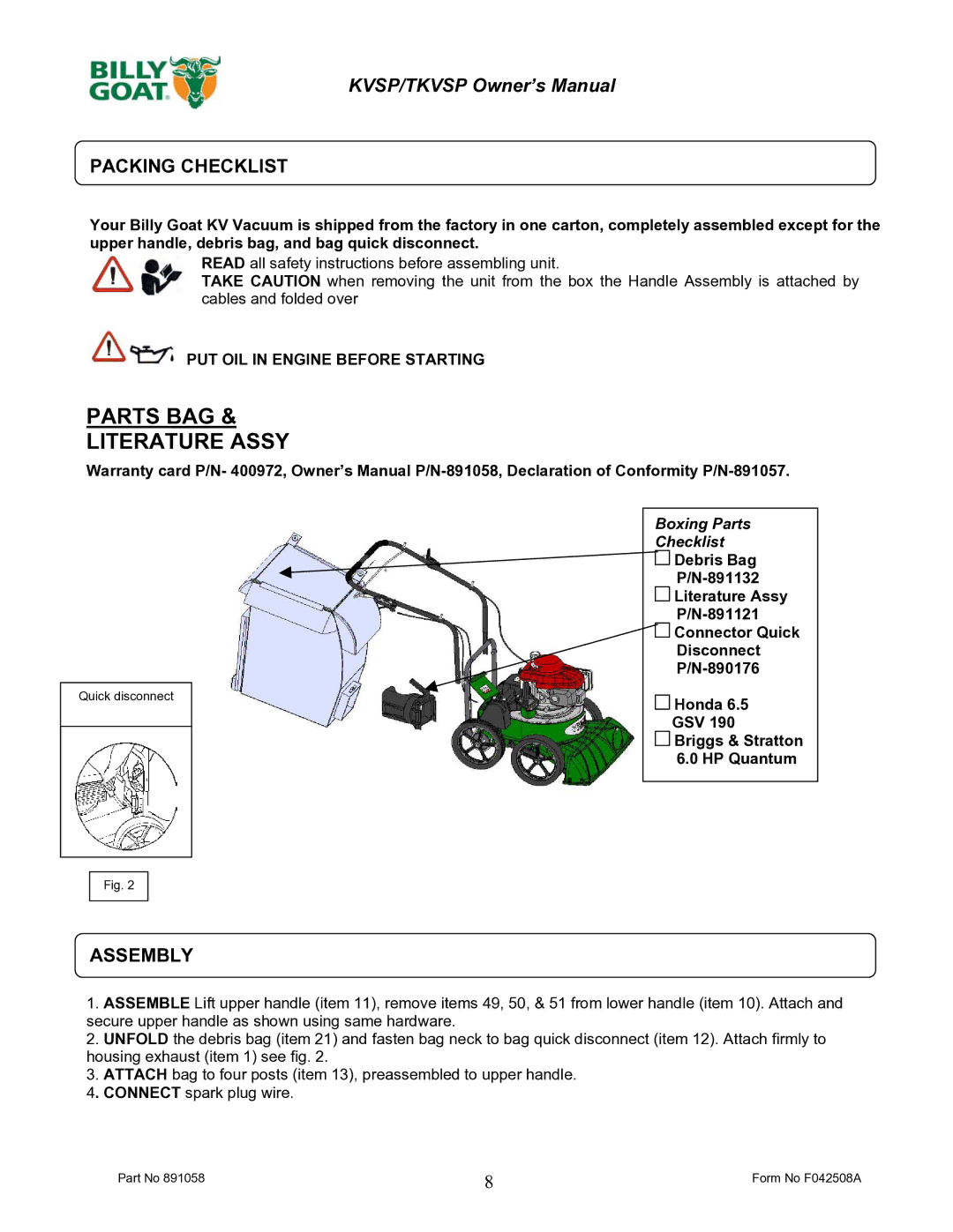 Billy Goat F042508A owner manual Packing Checklist, Assembly 