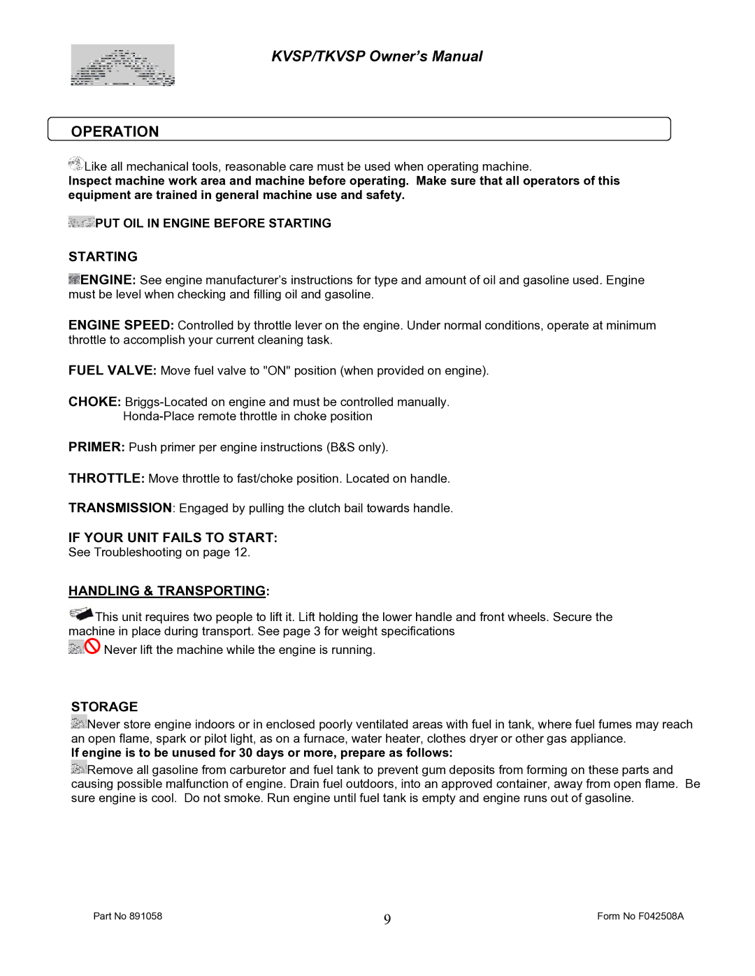 Billy Goat F042508A owner manual Operation, Starting, If Your Unit Fails to Start, Handling & Transporting, Storage 