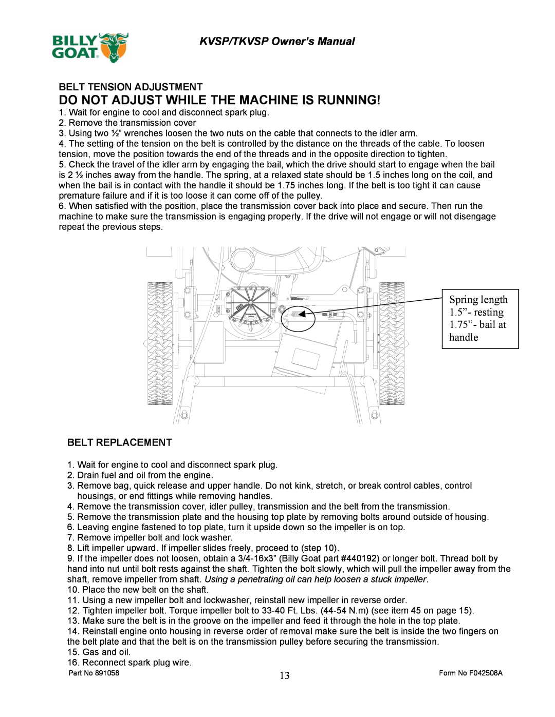 Billy Goat F042508A Do Not Adjust While The Machine Is Running, KVSP/TKVSP Owner’s Manual, Belt Tension Adjustment 