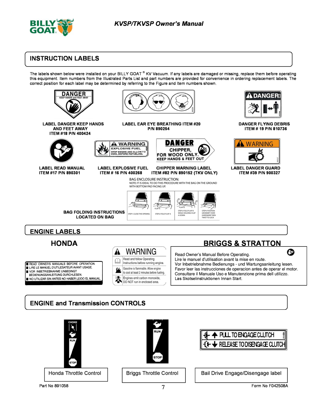 Billy Goat F042508A Honda, Briggs & Stratton, Instruction Labels, Engine Labels, ENGINE and Transmission CONTROLS 
