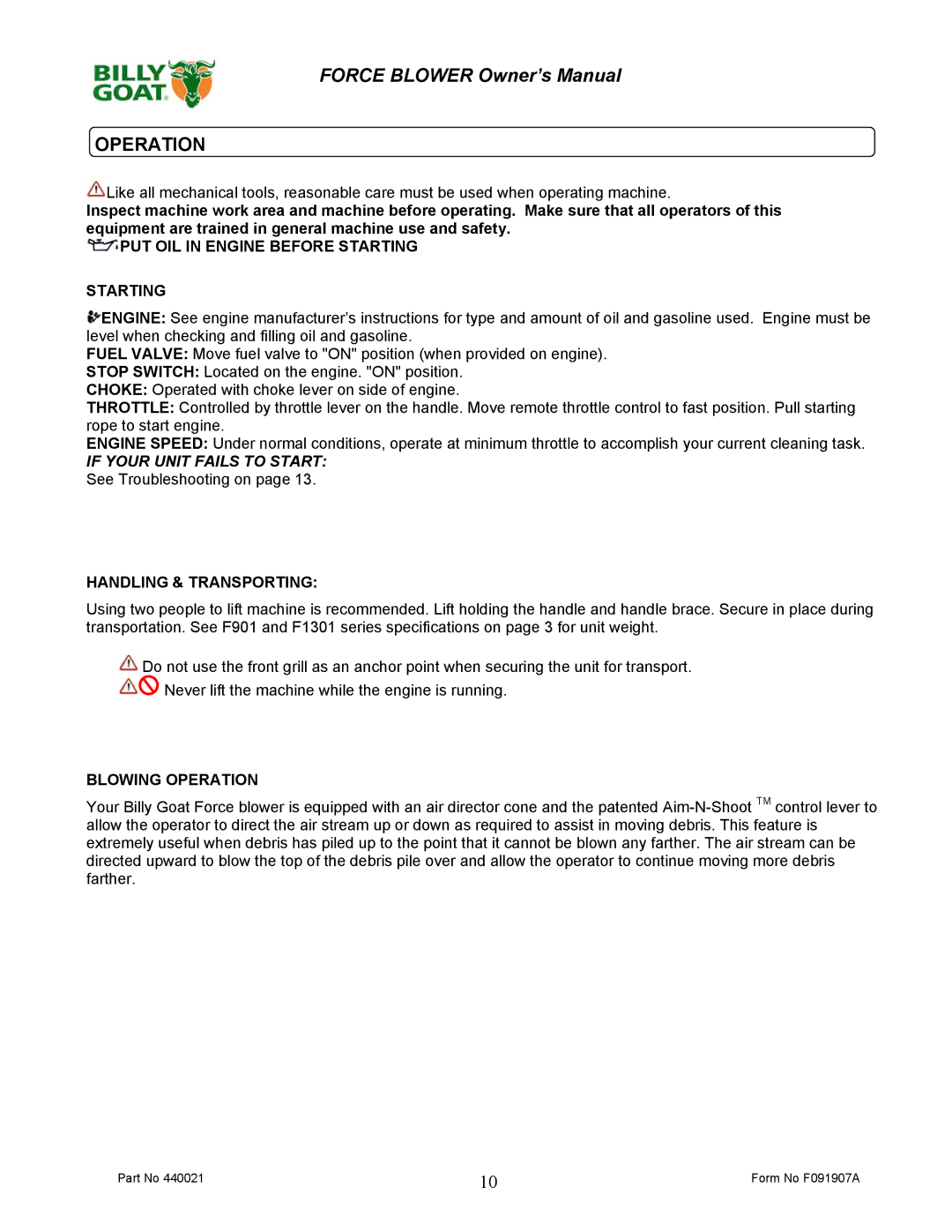 Billy Goat F091907A owner manual Operation, If Your Unit Fails to Start See Troubleshooting on 