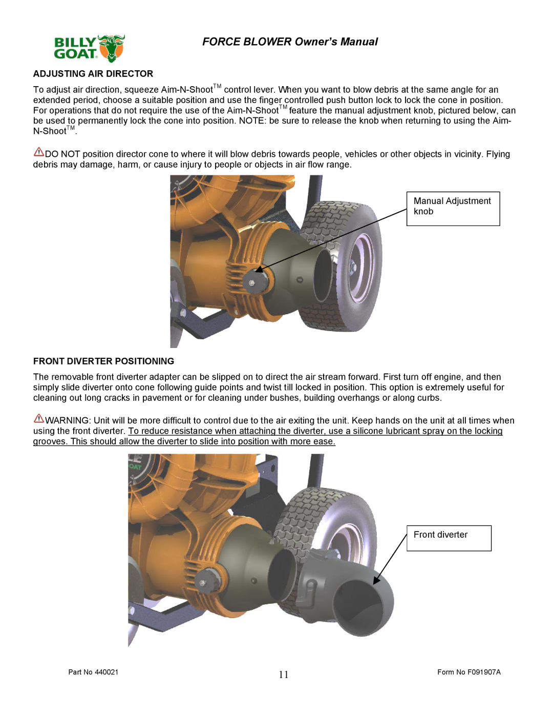 Billy Goat F091907A owner manual Adjusting AIR Director 