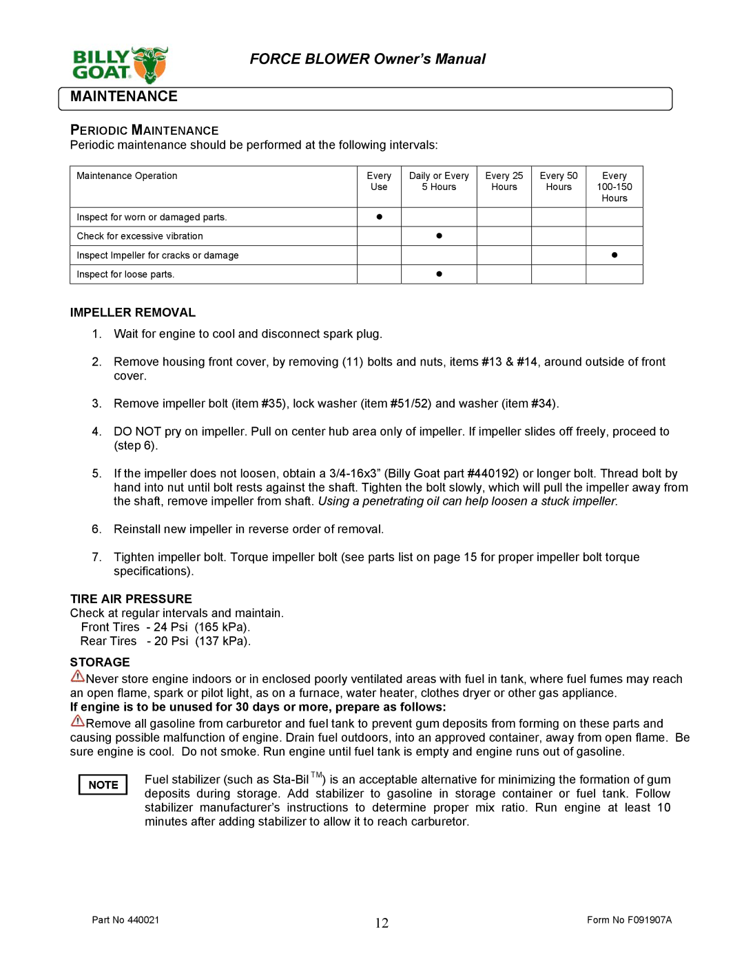 Billy Goat F091907A owner manual Periodic Maintenance 