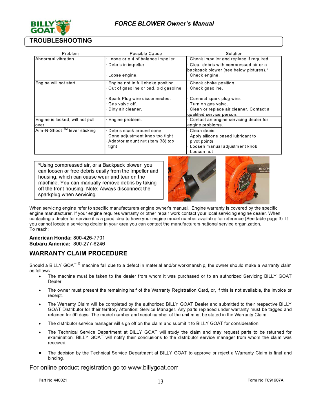 Billy Goat F091907A owner manual Troubleshooting, Warranty Claim Procedure 