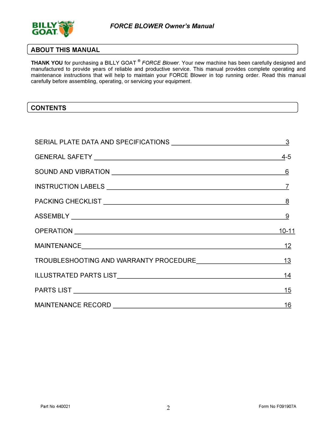 Billy Goat F091907A owner manual About this Manual, Contents 