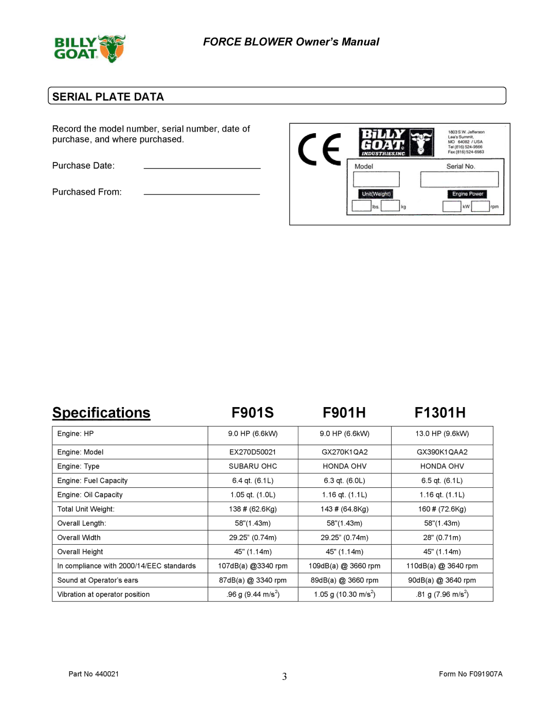 Billy Goat F091907A owner manual Specifications F901S F901H F1301H, Serial Plate Data 