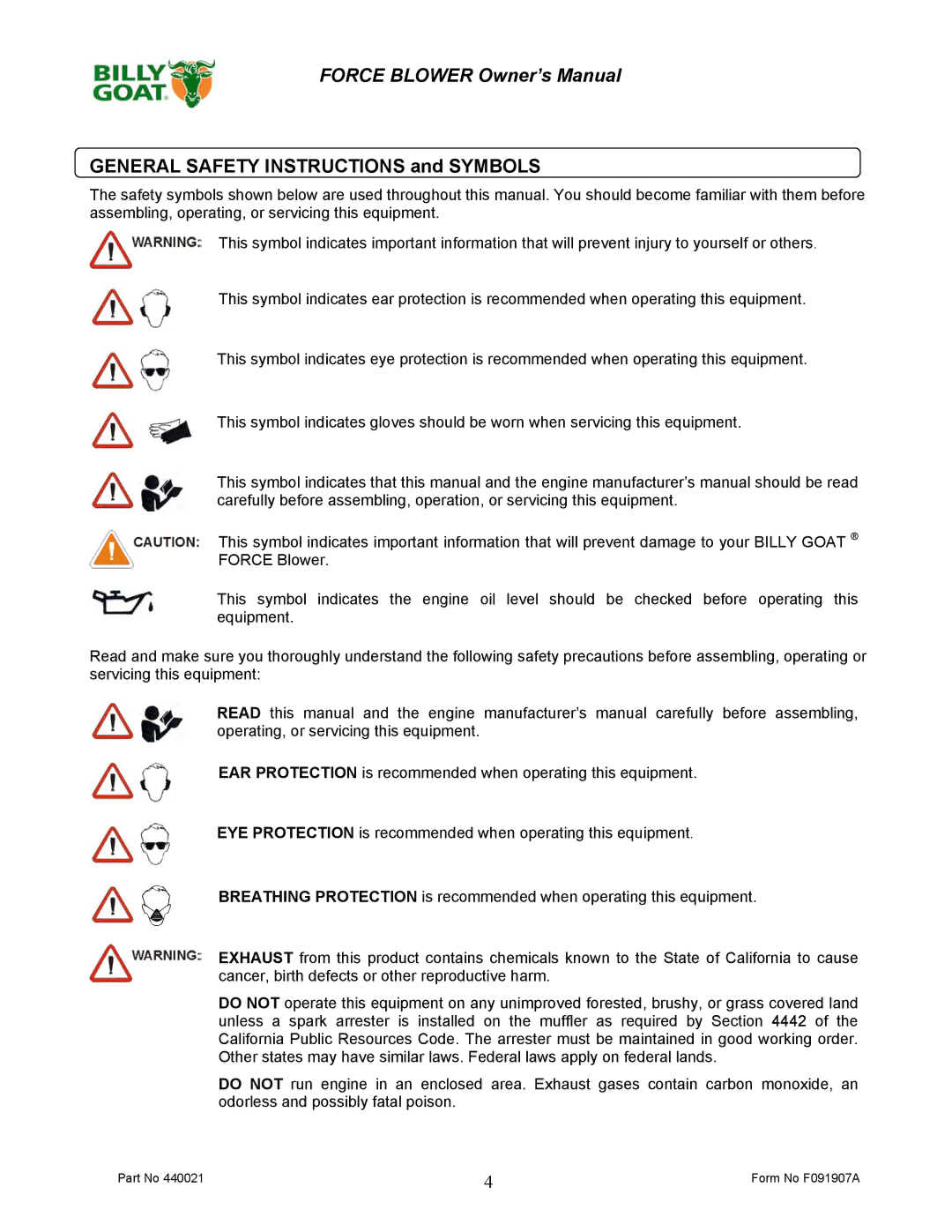 Billy Goat F091907A owner manual General Safety Instructions and Symbols 