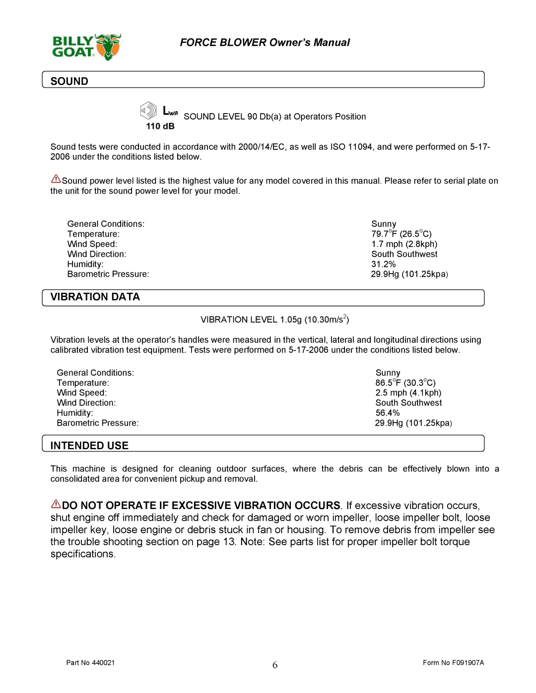 Billy Goat F091907A owner manual Sound, Vibration Data, Intended USE 