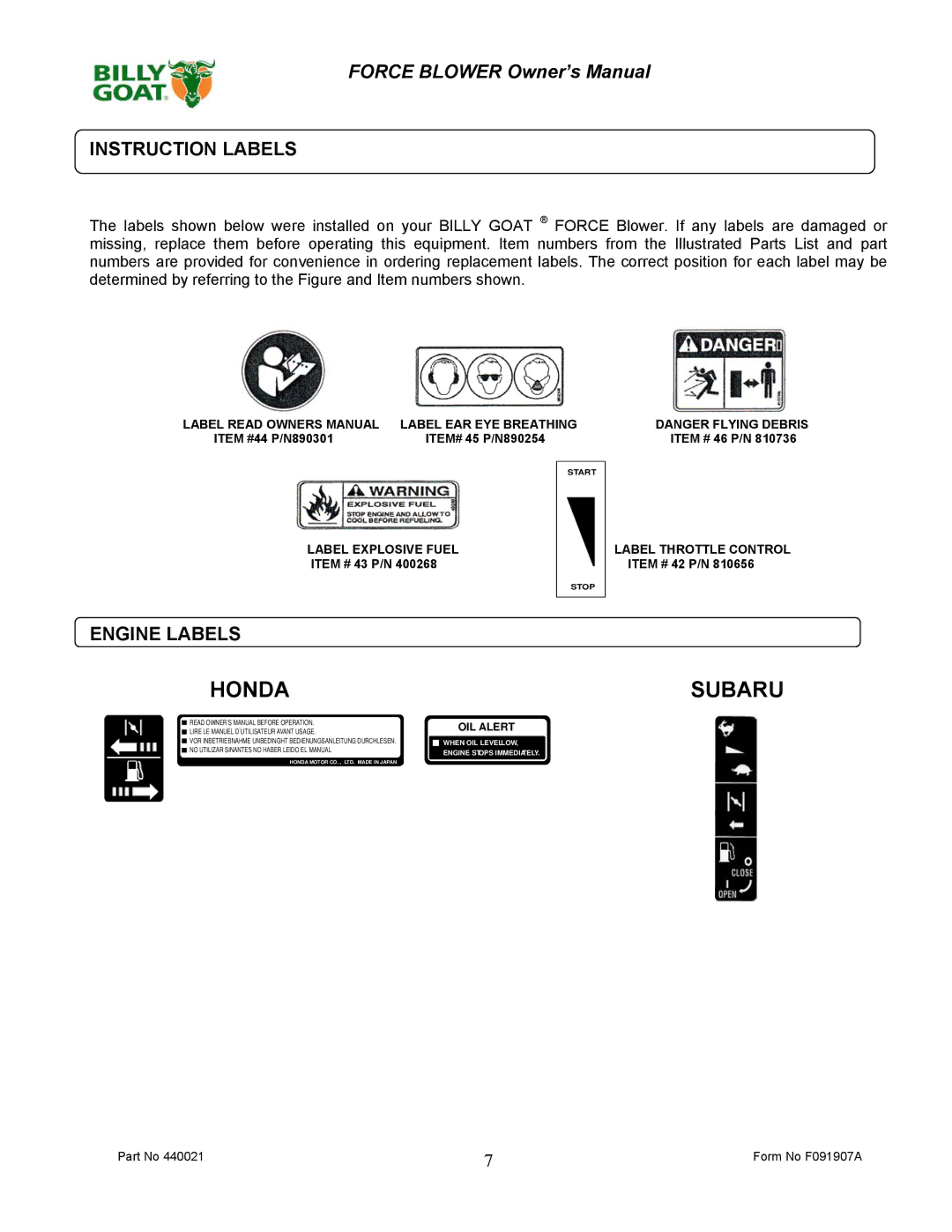 Billy Goat F091907A owner manual Instruction Labels, Engine Labels 