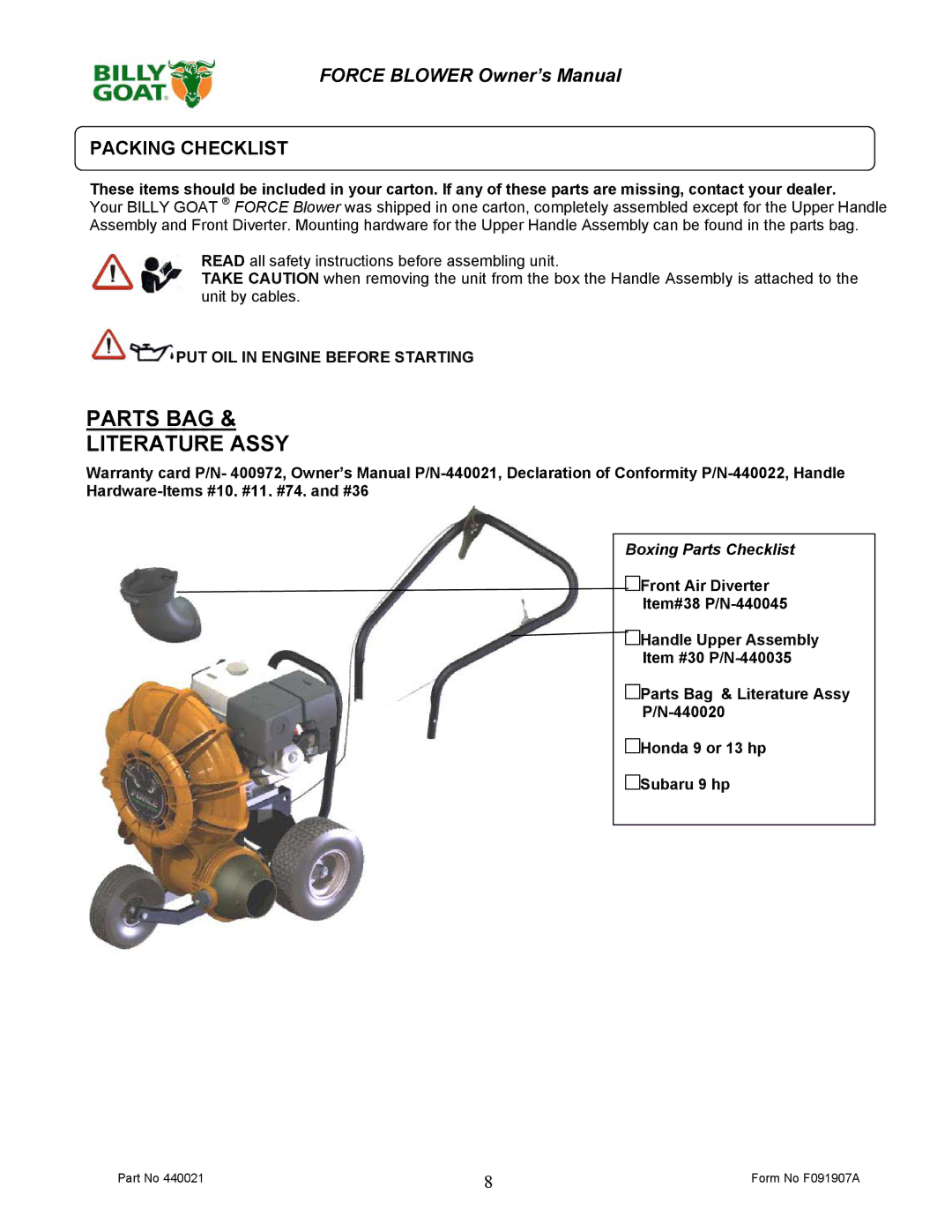 Billy Goat F091907A owner manual Parts BAG Literature Assy, Packing Checklist 