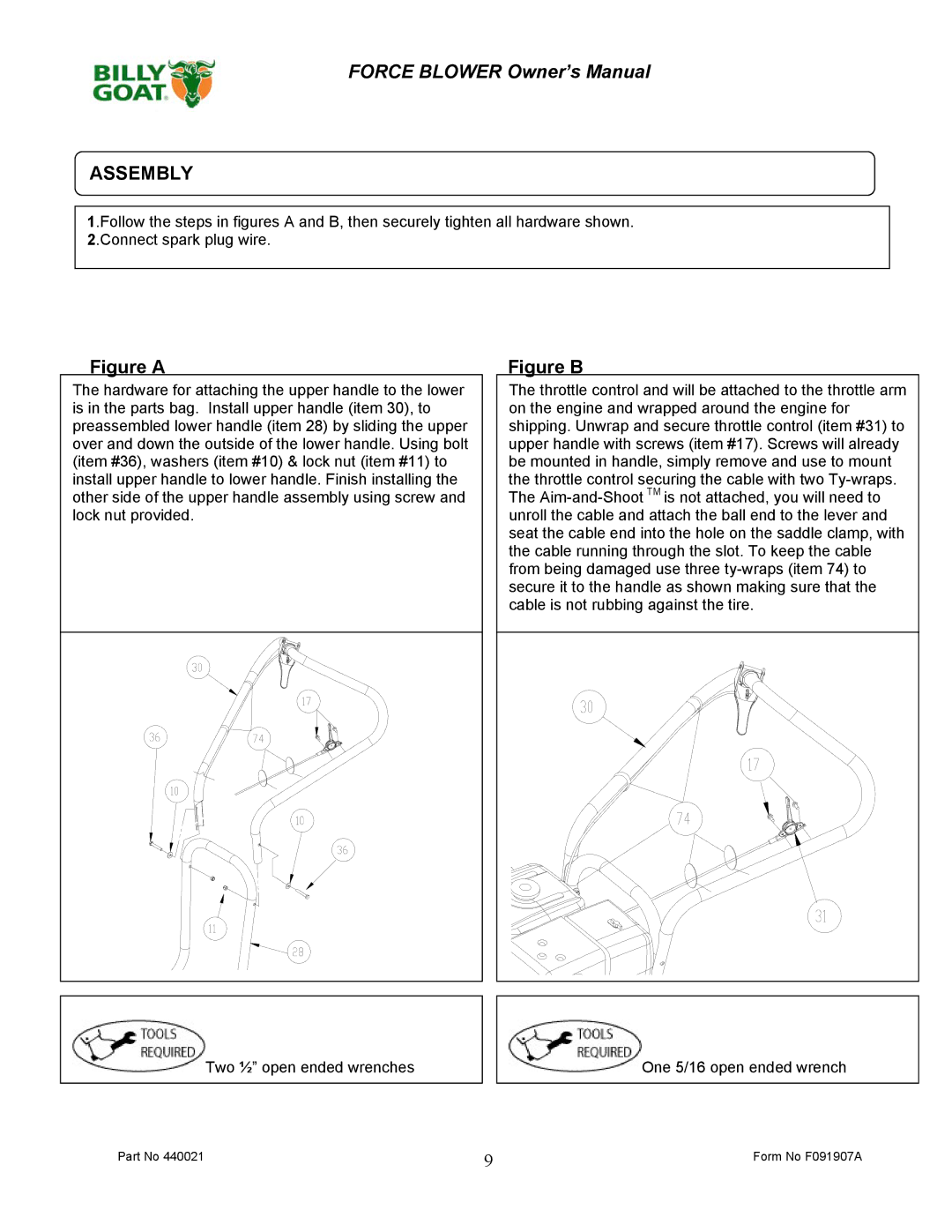 Billy Goat F091907A owner manual Assembly, Figure a 