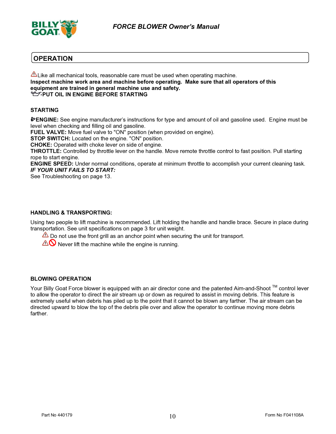 Billy Goat F1801V owner manual Operation, If Your Unit Fails to Start See Troubleshooting on 