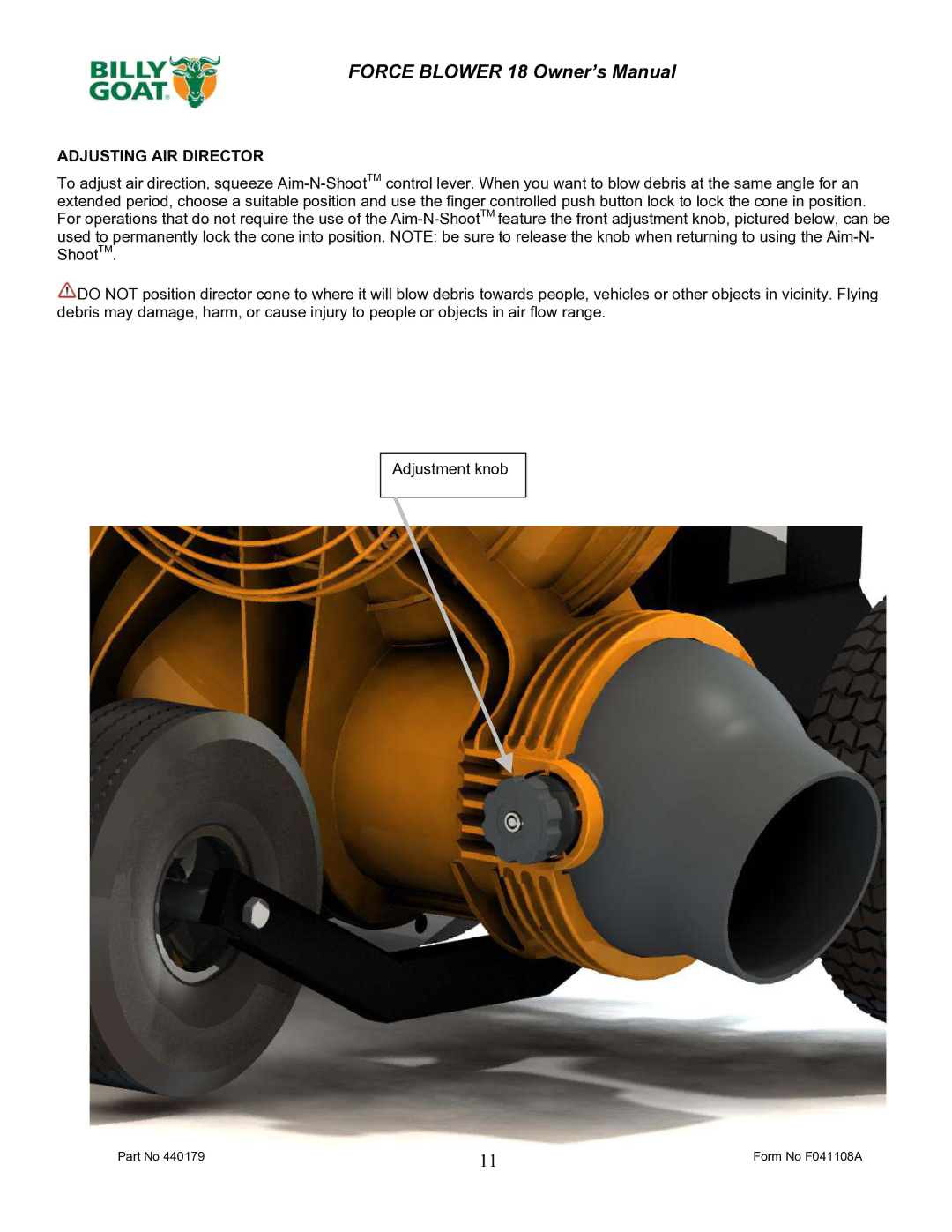 Billy Goat F1801V owner manual Adjusting AIR Director 