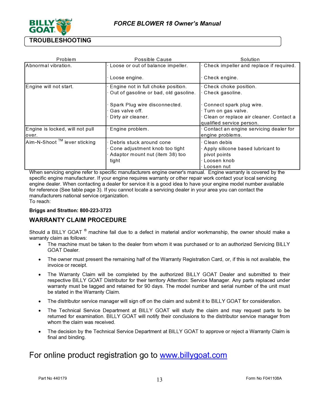 Billy Goat F1801V owner manual Troubleshooting, Warranty Claim Procedure 