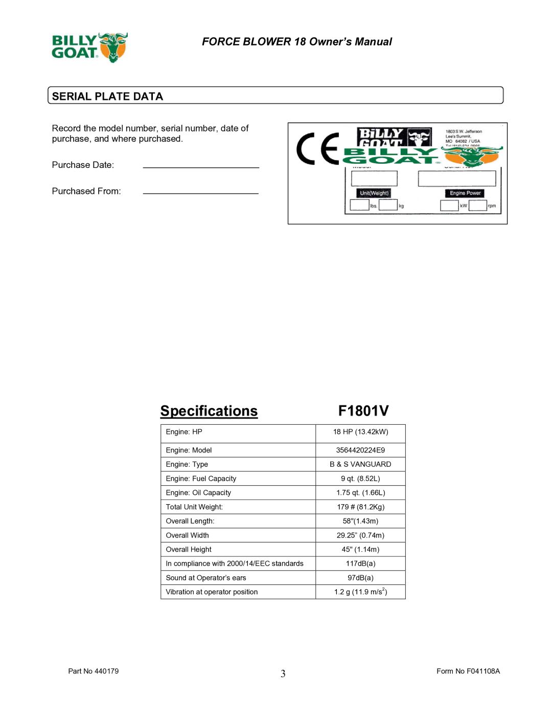 Billy Goat owner manual Specifications F1801V, Serial Plate Data 