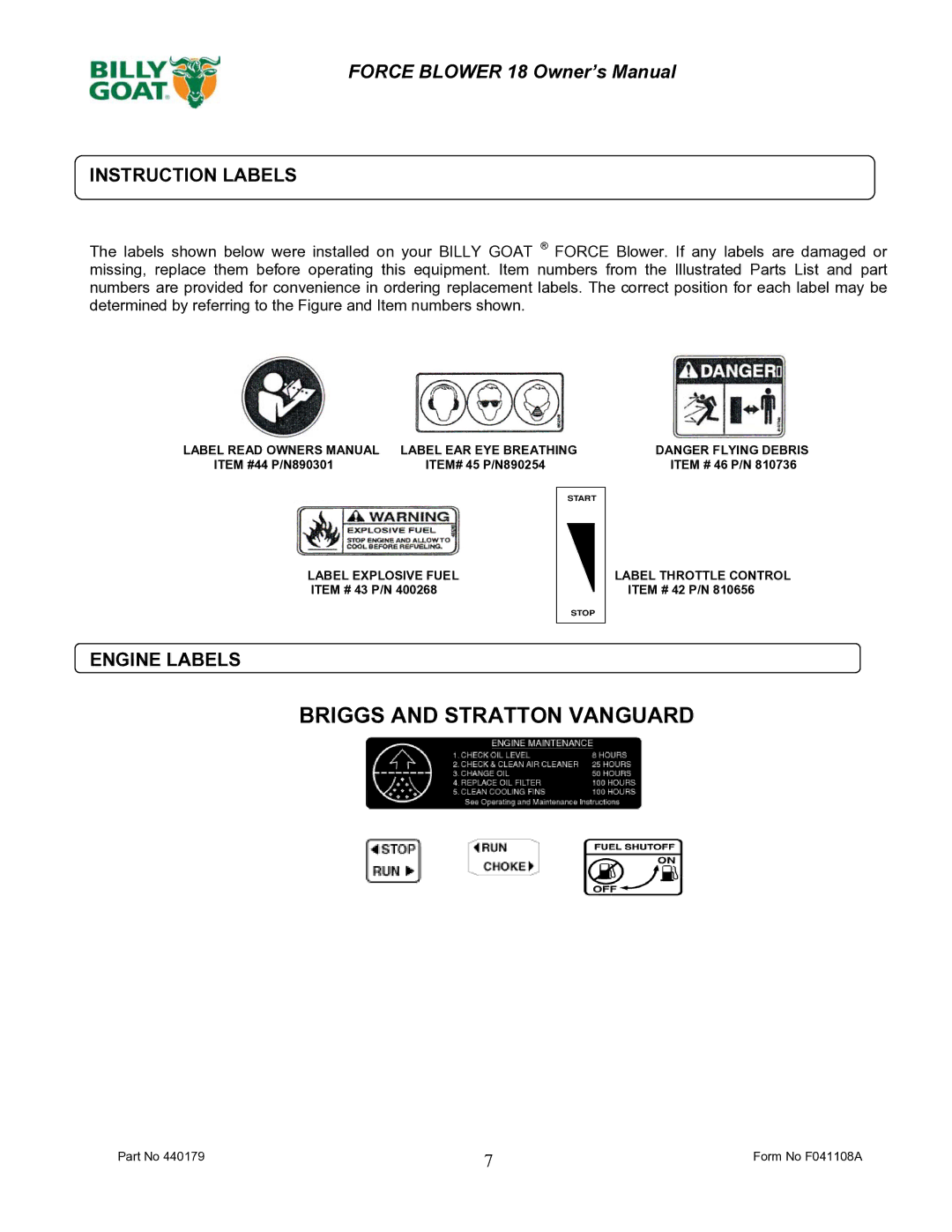 Billy Goat F1801V owner manual Instruction Labels, Engine Labels 