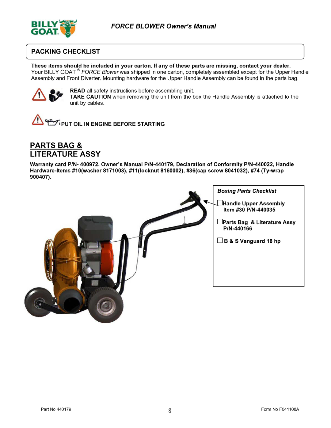 Billy Goat F1801V owner manual Parts BAG Literature Assy, Packing Checklist 