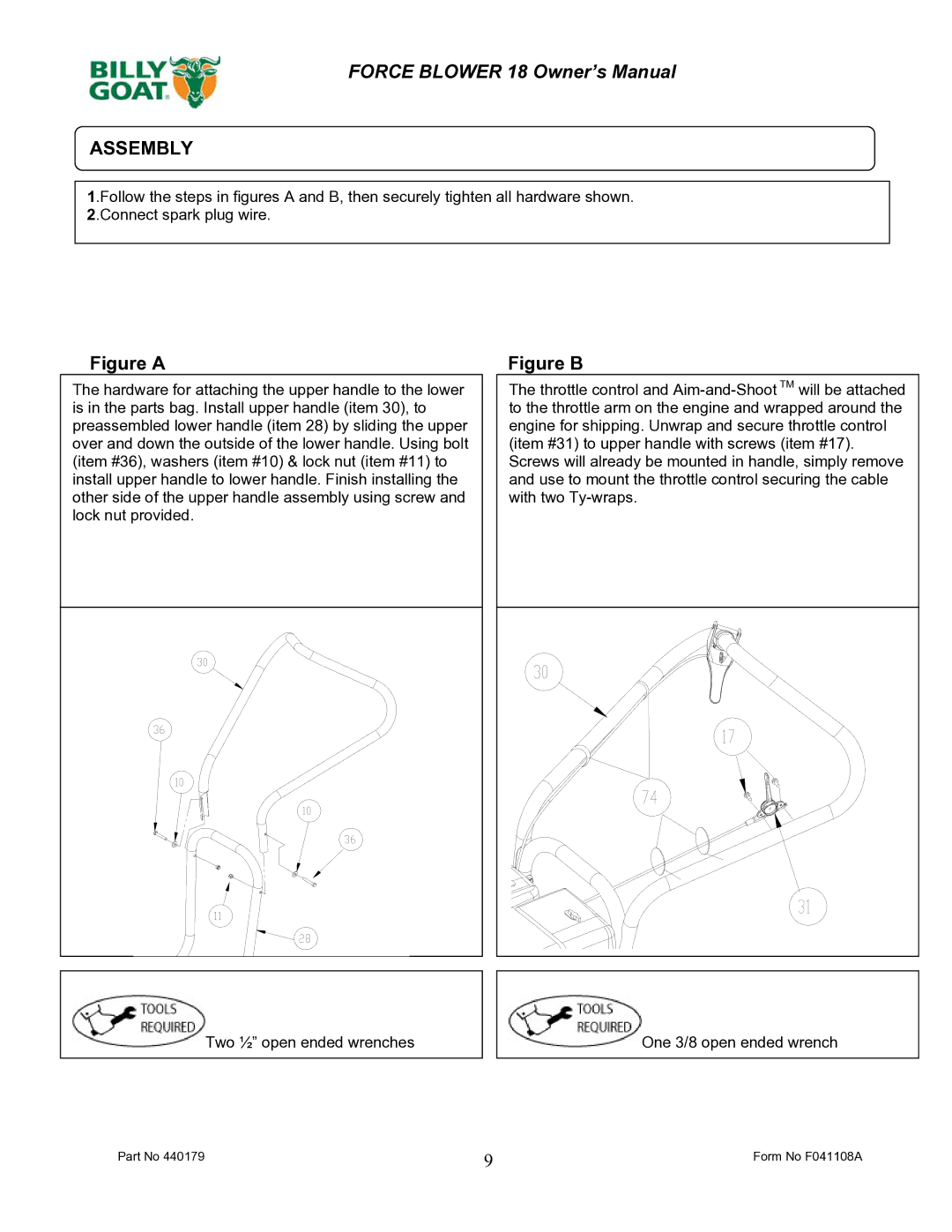 Billy Goat F1801V owner manual Assembly, Figure a 