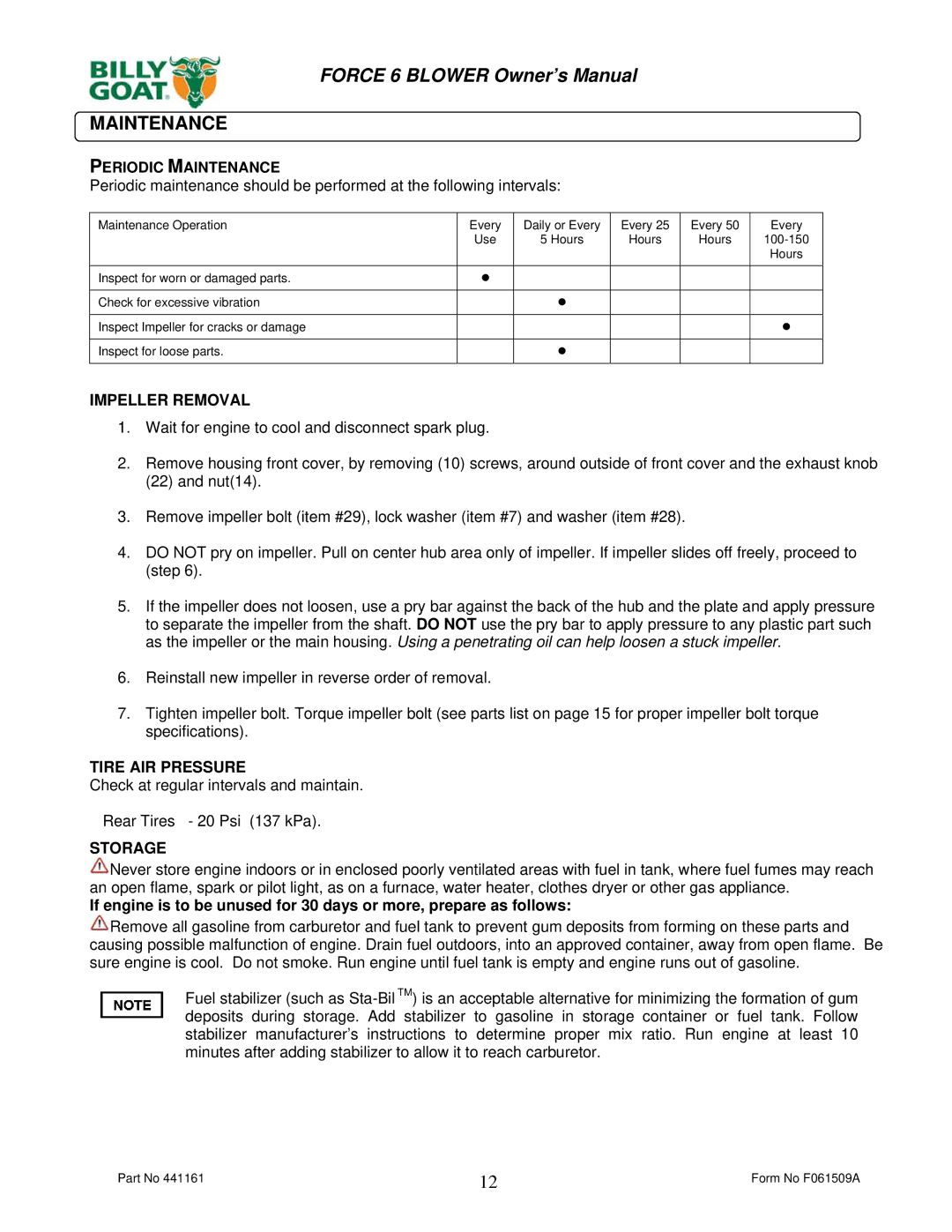 Billy Goat F601HS owner manual Periodic Maintenance 