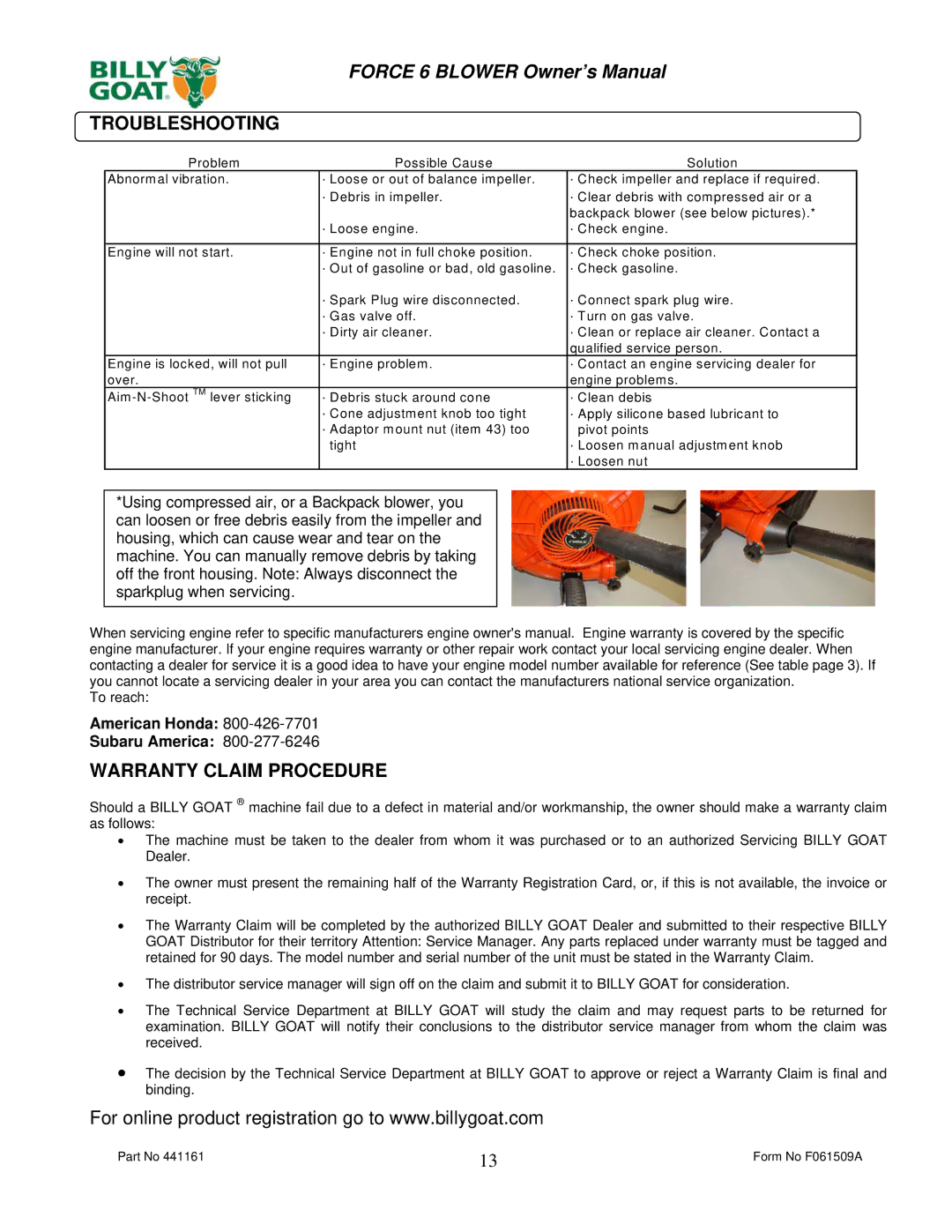 Billy Goat F601HS owner manual Troubleshooting, Warranty Claim Procedure 