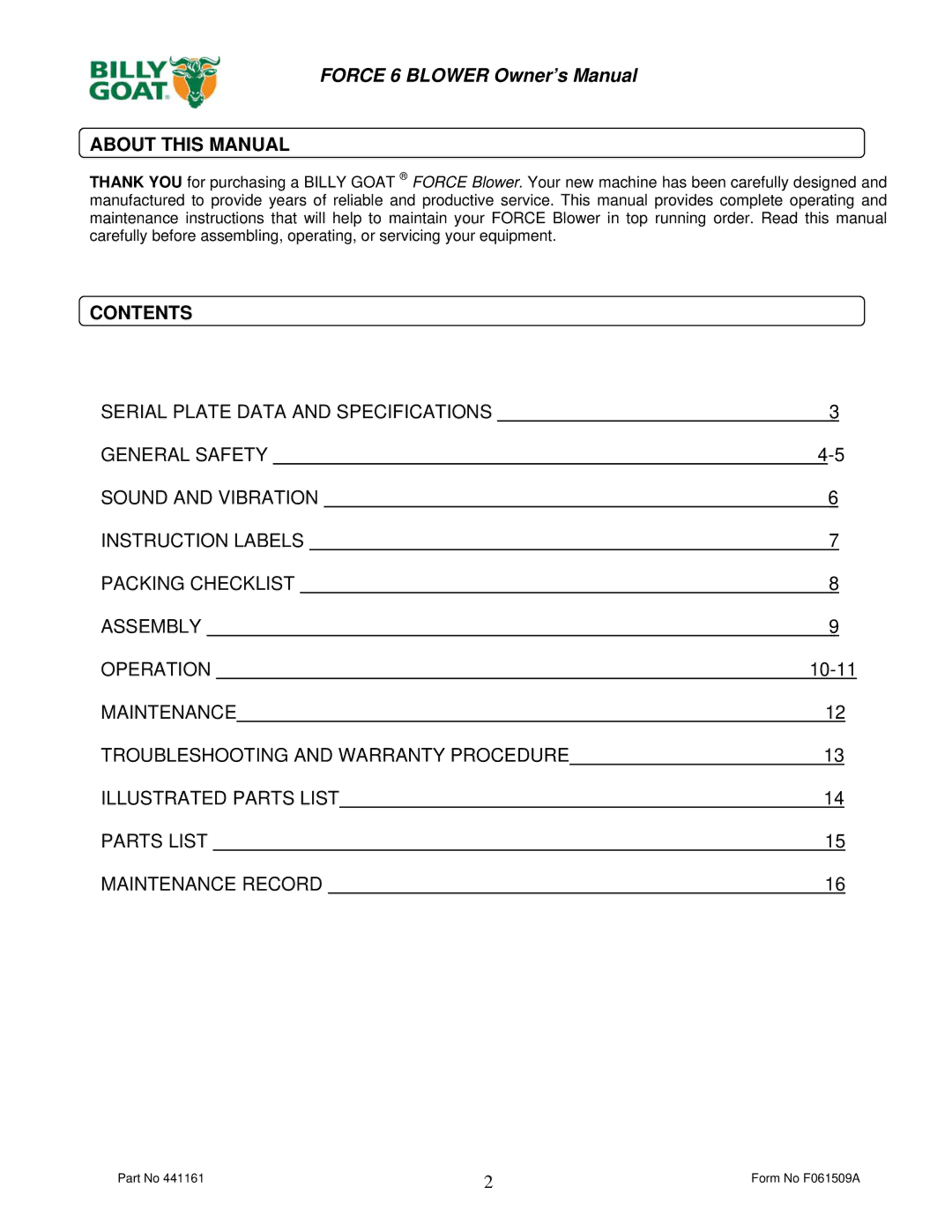 Billy Goat F601HS owner manual About this Manual, Contents 