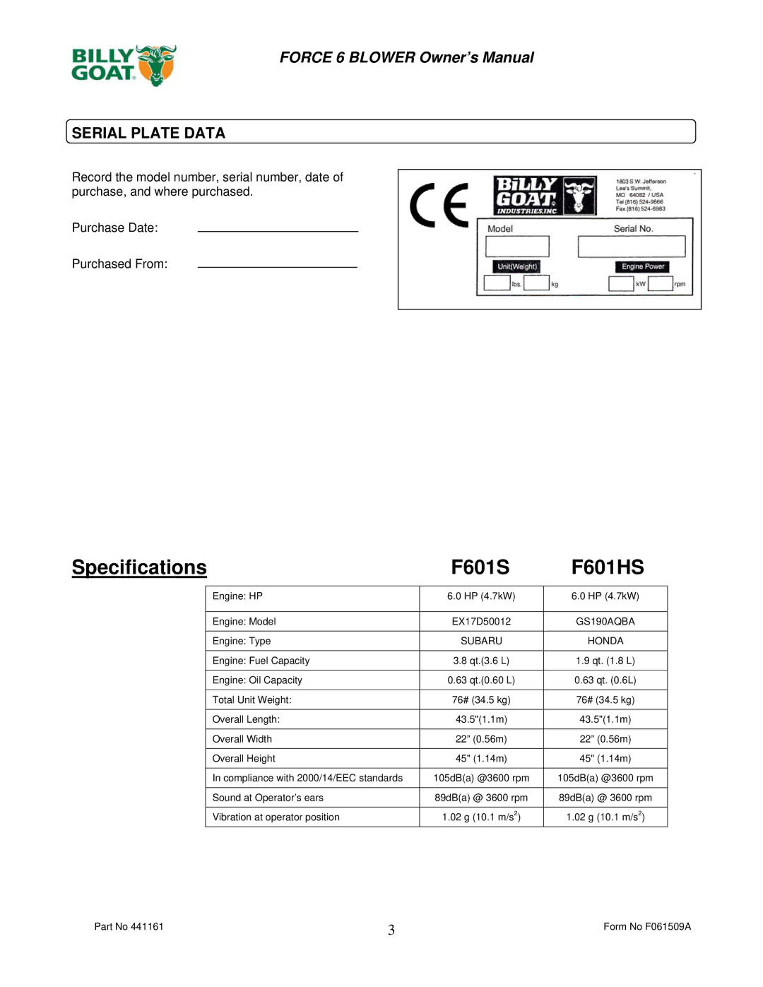 Billy Goat owner manual Specifications F601S F601HS, Serial Plate Data 