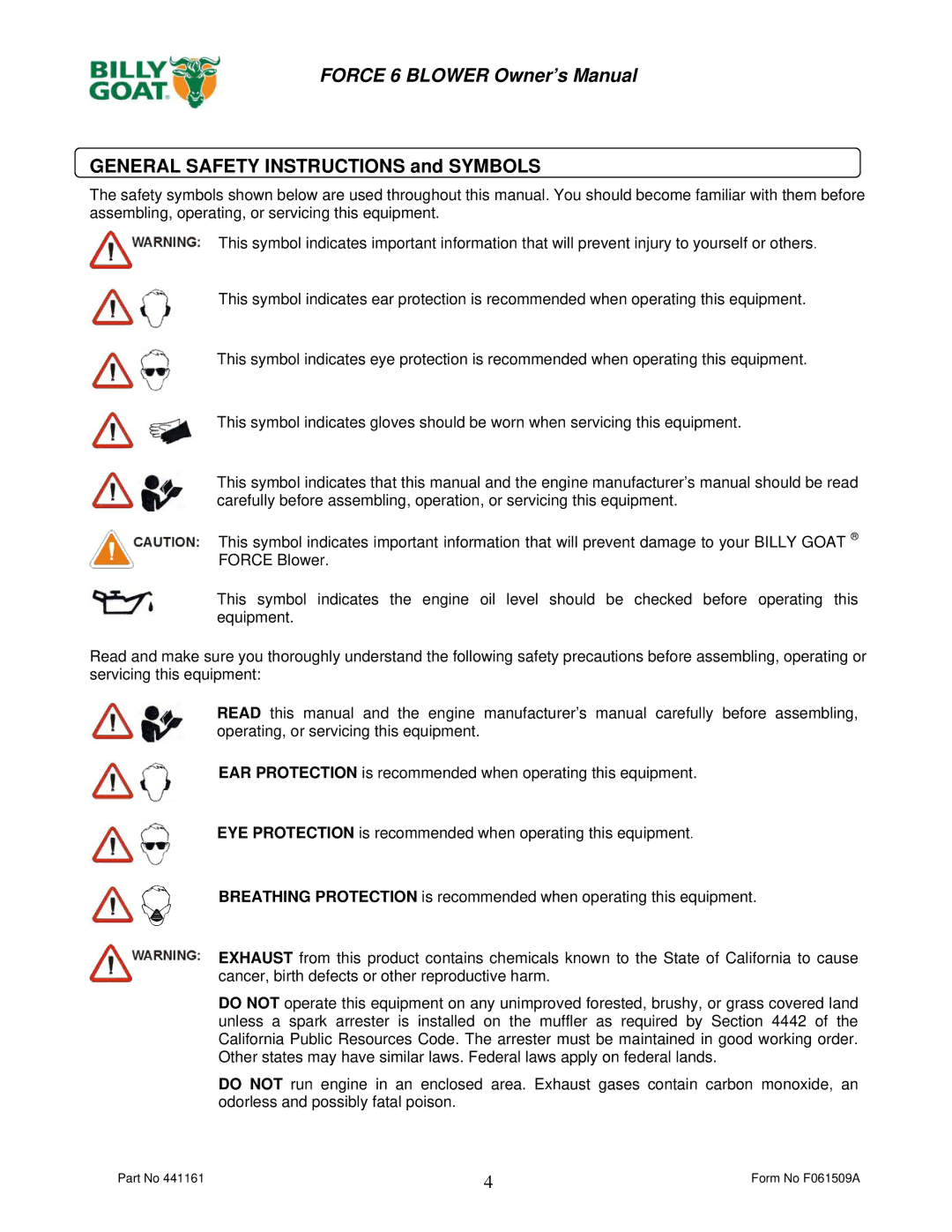 Billy Goat F601HS owner manual General Safety Instructions and Symbols 