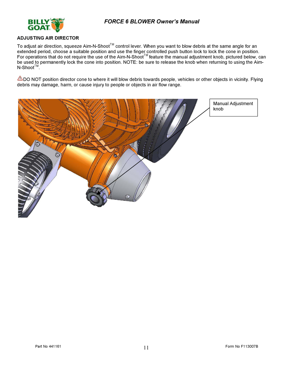 Billy Goat F601S owner manual Adjusting AIR Director 