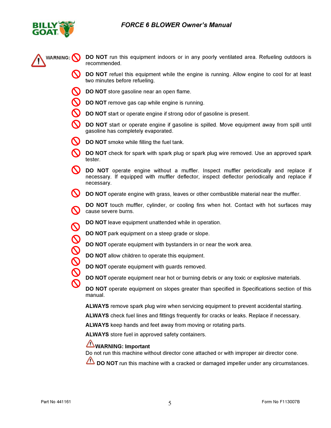 Billy Goat F601S owner manual Form No F113007B 