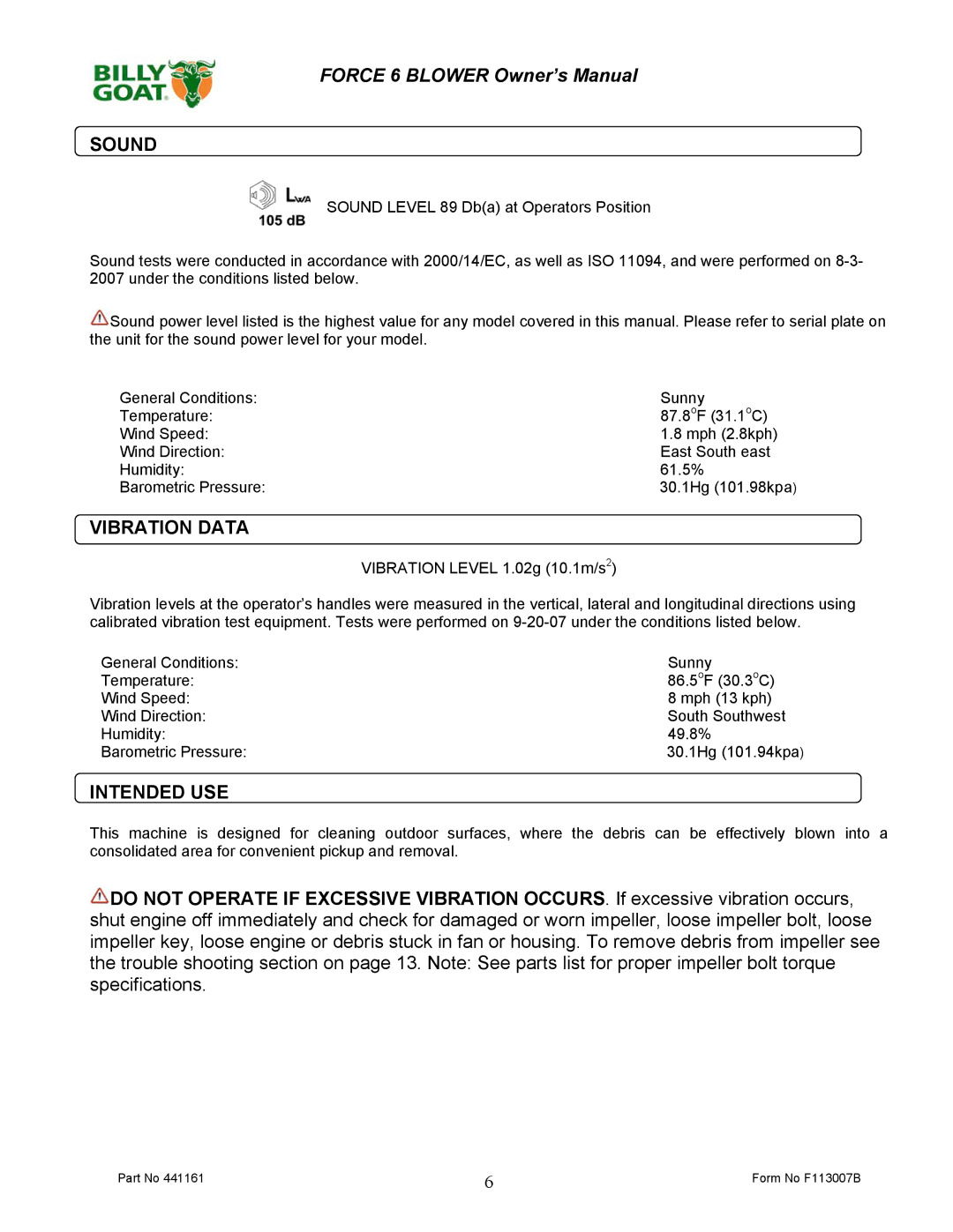 Billy Goat F601S owner manual Sound, Vibration Data, Intended USE 