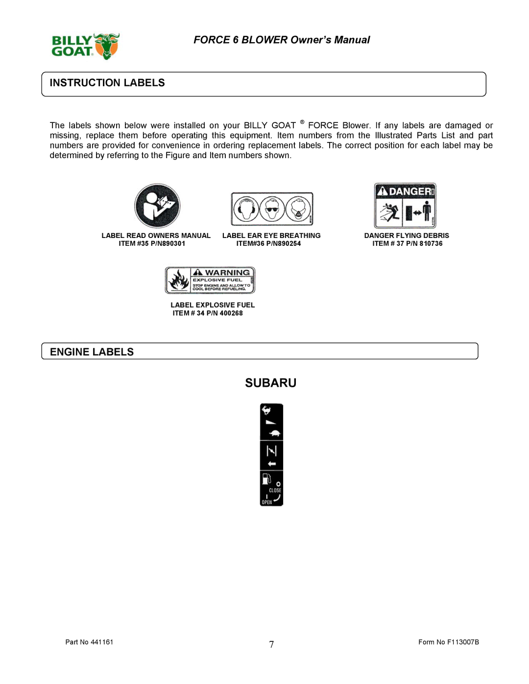 Billy Goat F601S owner manual Instruction Labels, Engine Labels 