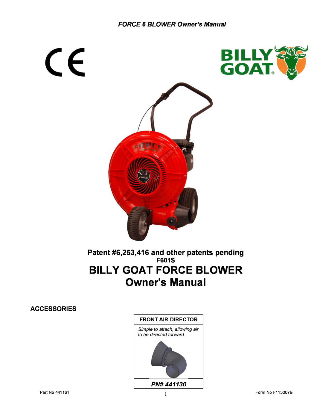 Billy Goat F601S owner manual Patent #6,253,416 and other patents pending, Accessories, Front Air Director 