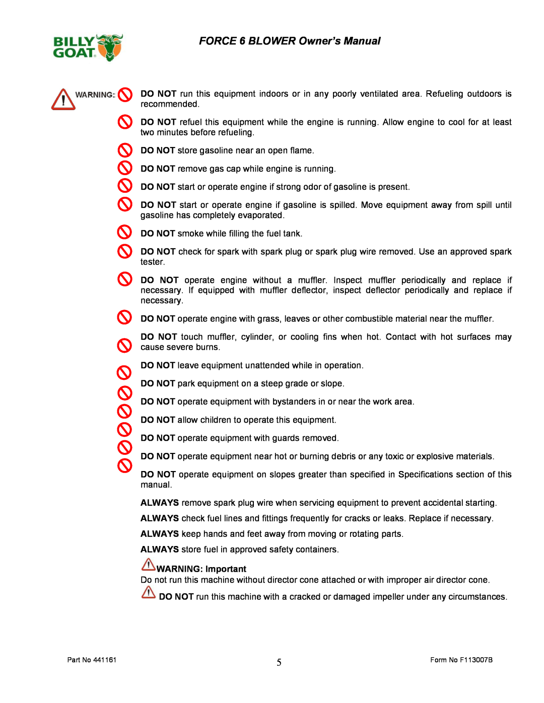 Billy Goat F601S owner manual WARNING Important 