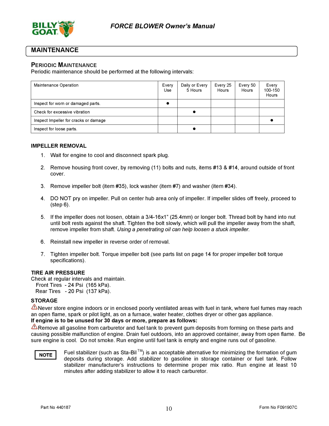 Billy Goat F800 owner manual Periodic Maintenance 