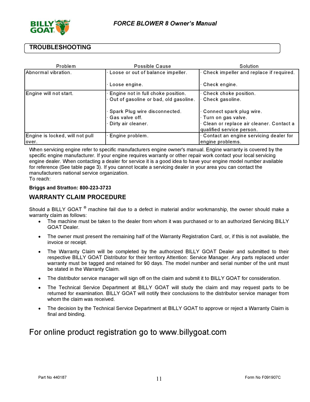 Billy Goat F800 owner manual Troubleshooting, Warranty Claim Procedure 