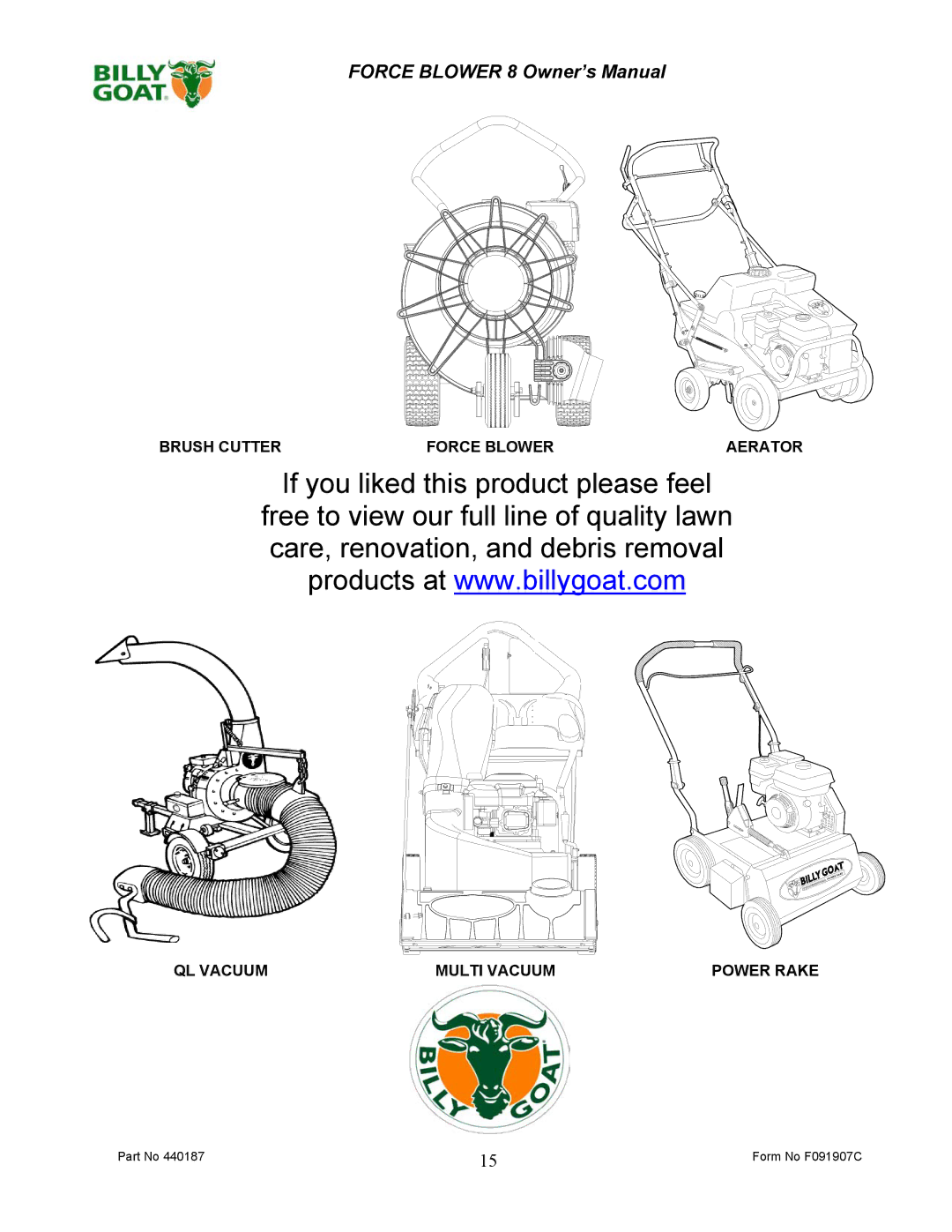 Billy Goat F800 owner manual Form No F091907C 