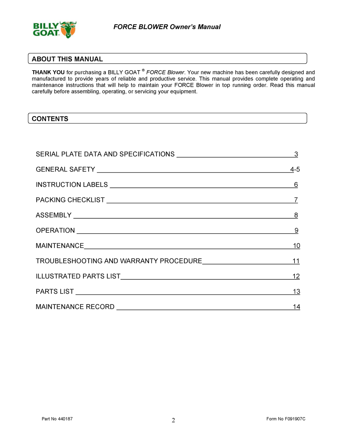 Billy Goat F800 owner manual About this Manual, Contents 